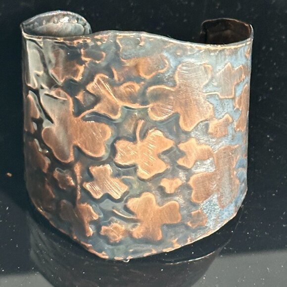 Irish Clover Wide Copper Cuff Bracelet Bracer Leaf Patina Solid Rustic Patina - Picture 1 of 11